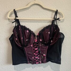 Enchanted Womens Corset Bustier 42D Burgundy Floral Lace Up Mesh Whimsigoth